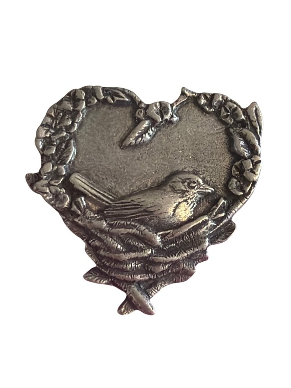 Vintage Birds Blooms 2004 Pewter Heart Pin Brooch Floral Flowers 1.25" Estate